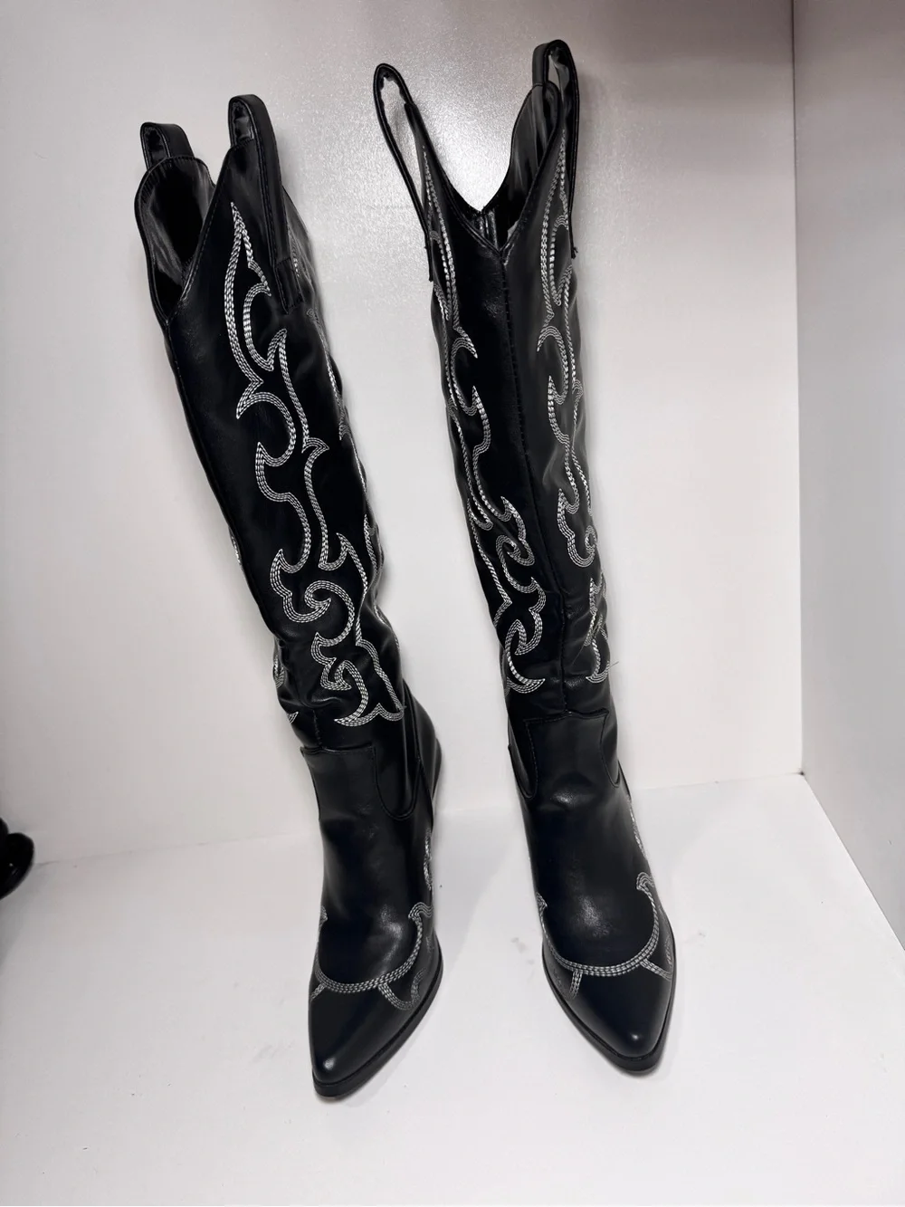 PrettyLittleThing Black Knee-High Embellished Western Boots